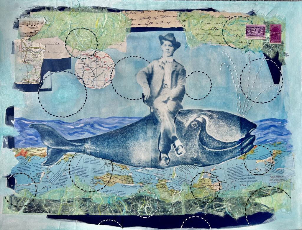 An image of a man sitting on top of a whale. There are stamps in the corner, blue paint, and other artistic elements.