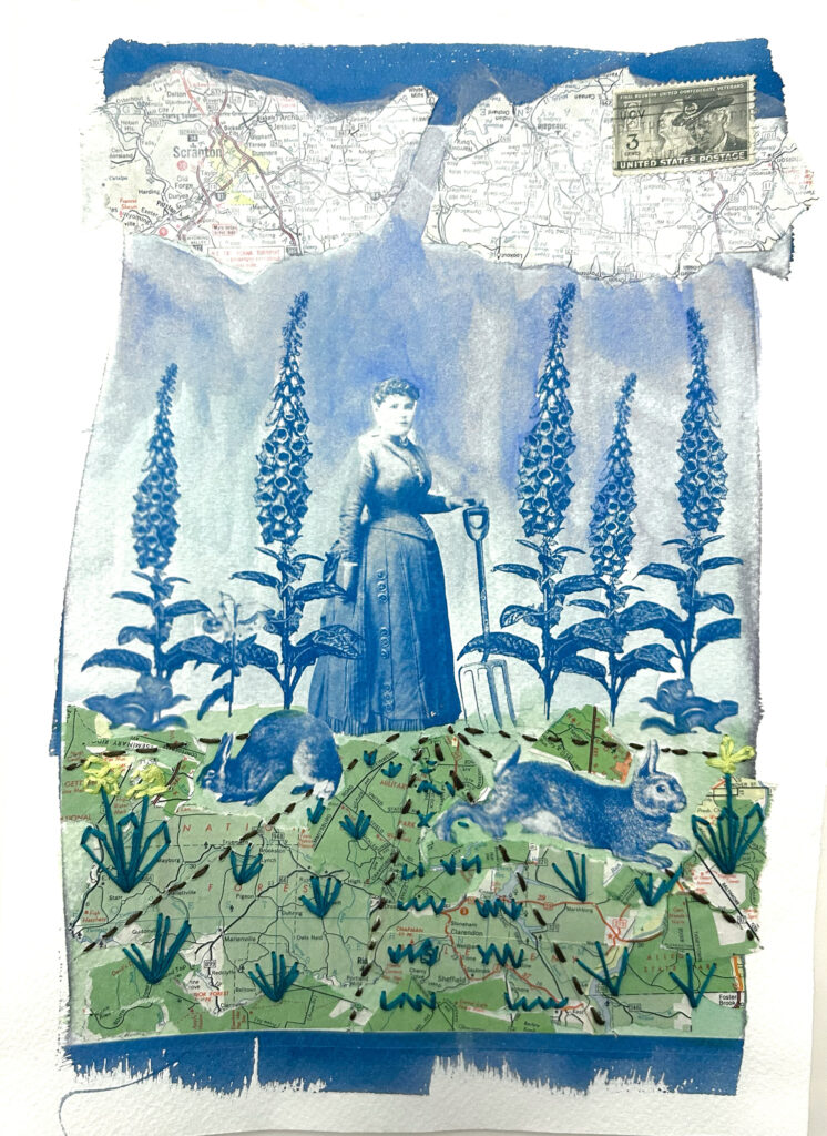 A woman with a shovel. Oversized bunnies are in the foreground and flowers tower over the woman. The picture includes stamps, drawings, maps, and other artistic elements.