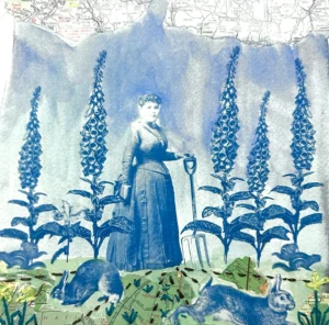 A woman with a shovel. Oversized bunnies are in the foreground and flowers tower over the woman. The picture includes stamps, drawings, maps, and other artistic elements.