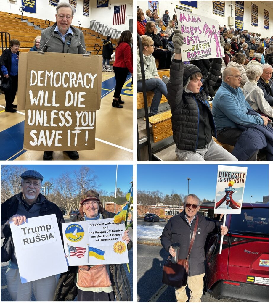 People holding homemade and printed signs in favor of democracy, Row v Wade, Ukrain, and diversity.